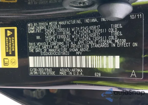 2012 Toyota Highlander z USA, uszkodzony, nr VIN 5TDZA3EH3CS019633